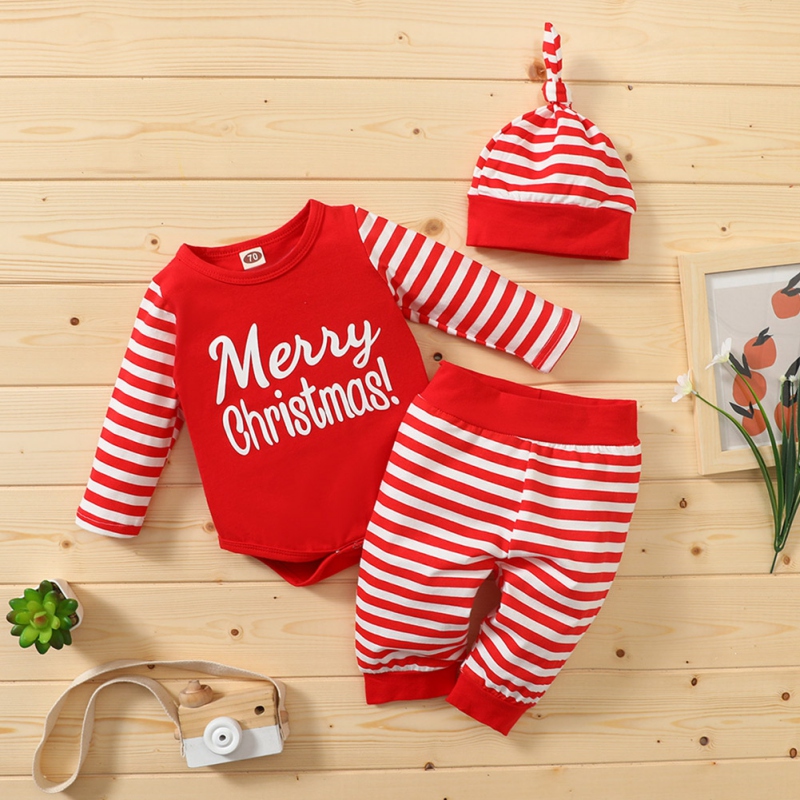 3Pcs Newborn Baby Girl Pajamas Jumpsuit Pants Hat Outfits Christmas Clothes Set 